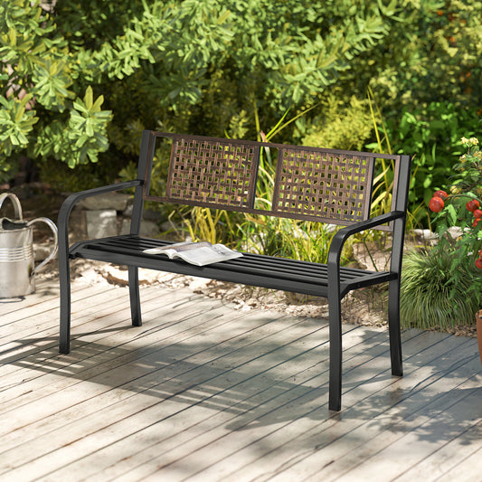 50 Inch Outdoor Metal Garden Bench with Rattan-Like Backrest for 2-3 People, Black Outdoor Benches Black at Gallery Canada