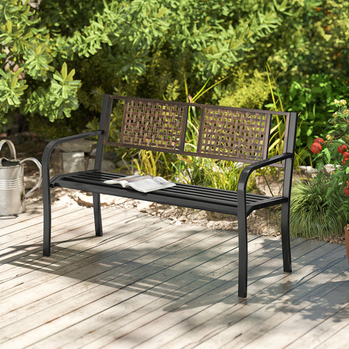 50 Inch Outdoor Metal Garden Bench with Rattan-Like Backrest for 2-3 People, Black
