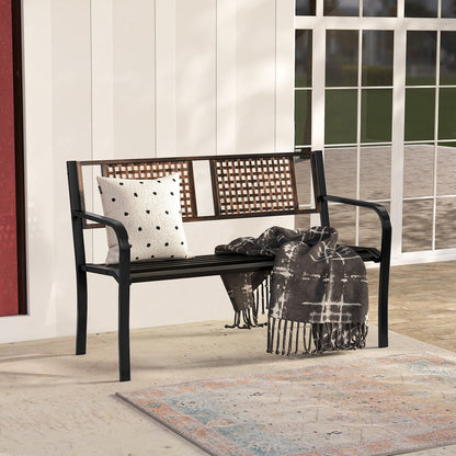 50 Inch Outdoor Metal Garden Bench with Rattan-Like Backrest for 2-3 People, Black Outdoor Benches at Gallery Canada