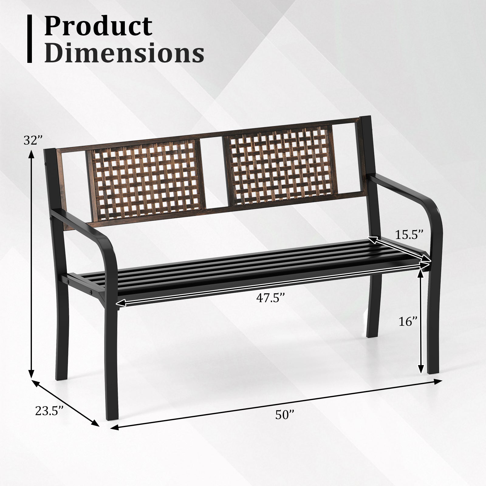 50 Inch Outdoor Metal Garden Bench with Rattan-Like Backrest for 2-3 People, Black Outdoor Benches at Gallery Canada