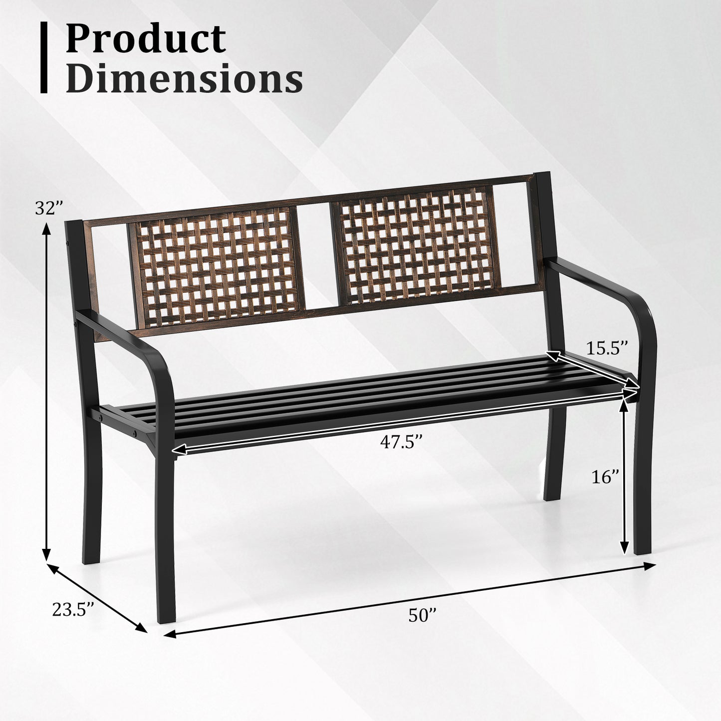 50 Inch Outdoor Metal Garden Bench with Rattan-Like Backrest for 2-3 People, Black Outdoor Benches at Gallery Canada