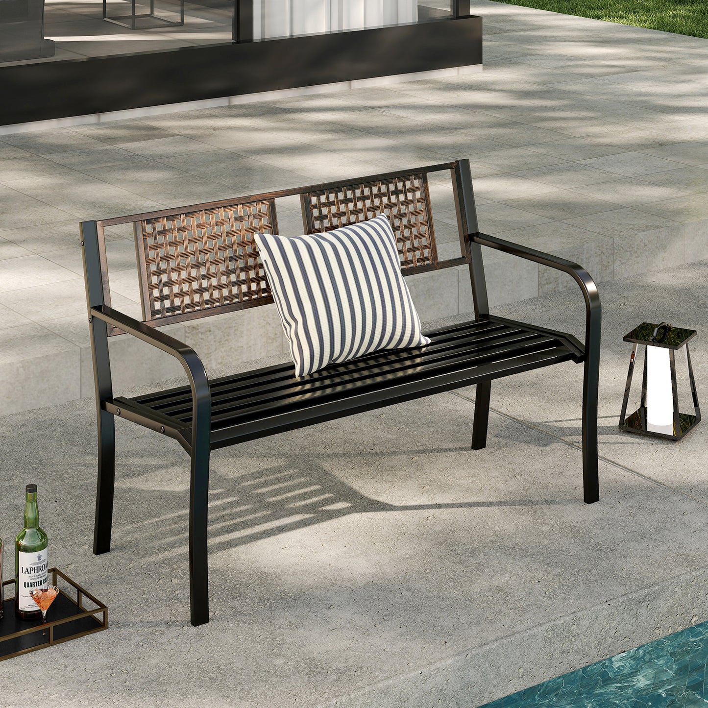 50 Inch Outdoor Metal Garden Bench with Rattan-Like Backrest for 2-3 People, Black Outdoor Benches at Gallery Canada