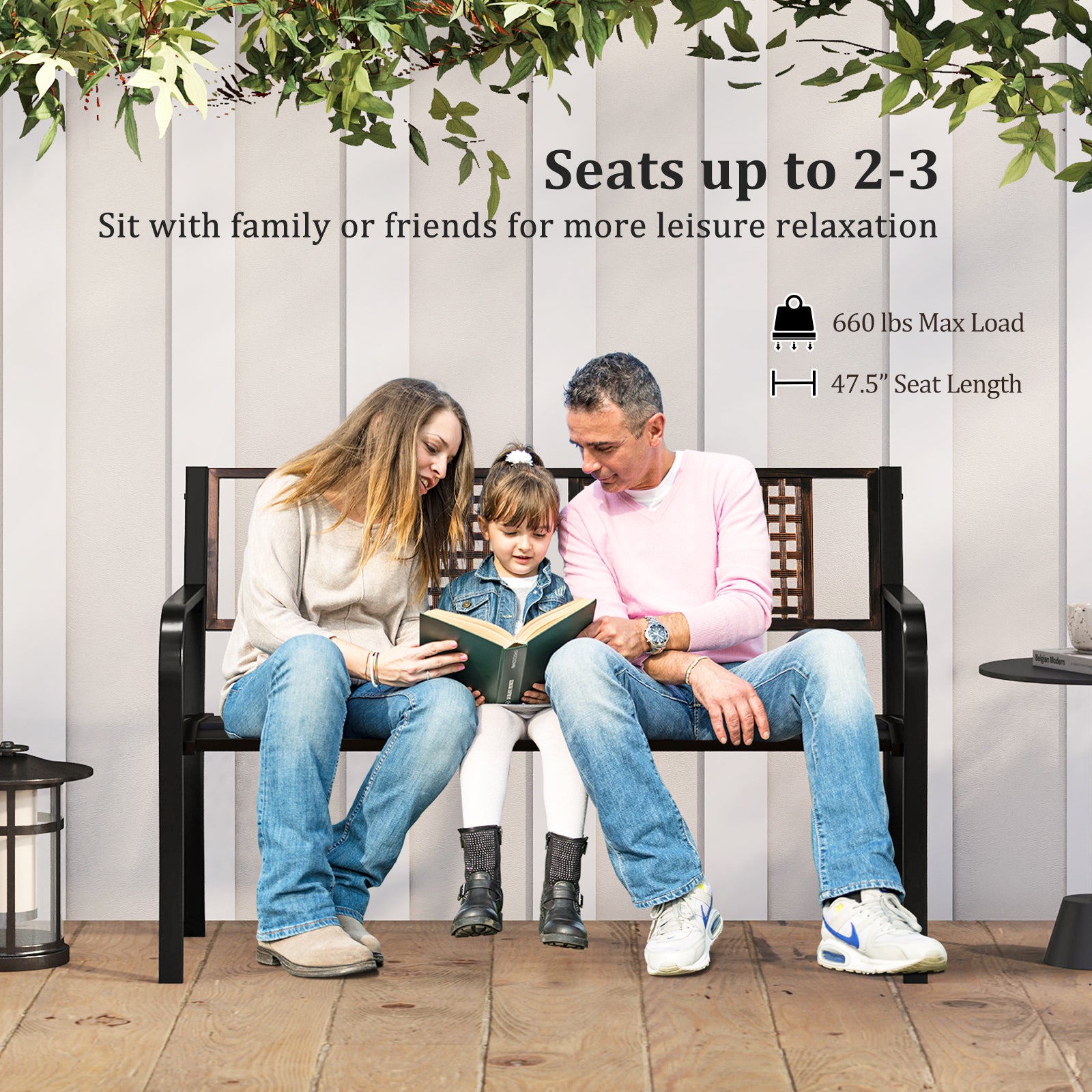 50 Inch Outdoor Metal Garden Bench with Rattan-Like Backrest for 2-3 People, Black Outdoor Benches at Gallery Canada