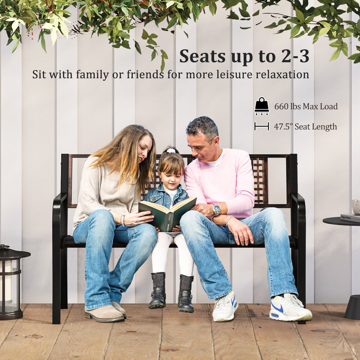 50 Inch Outdoor Metal Garden Bench with Rattan-Like Backrest for 2-3 People, Black Outdoor Benches at Gallery Canada