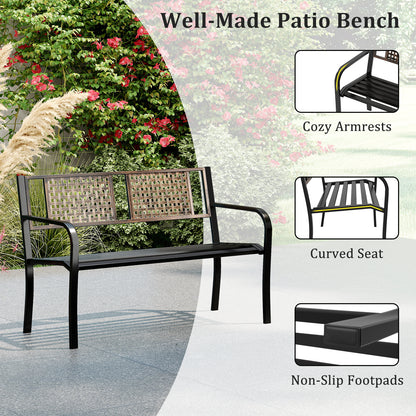 50 Inch Outdoor Metal Garden Bench with Rattan-Like Backrest for 2-3 People, Black Outdoor Benches at Gallery Canada