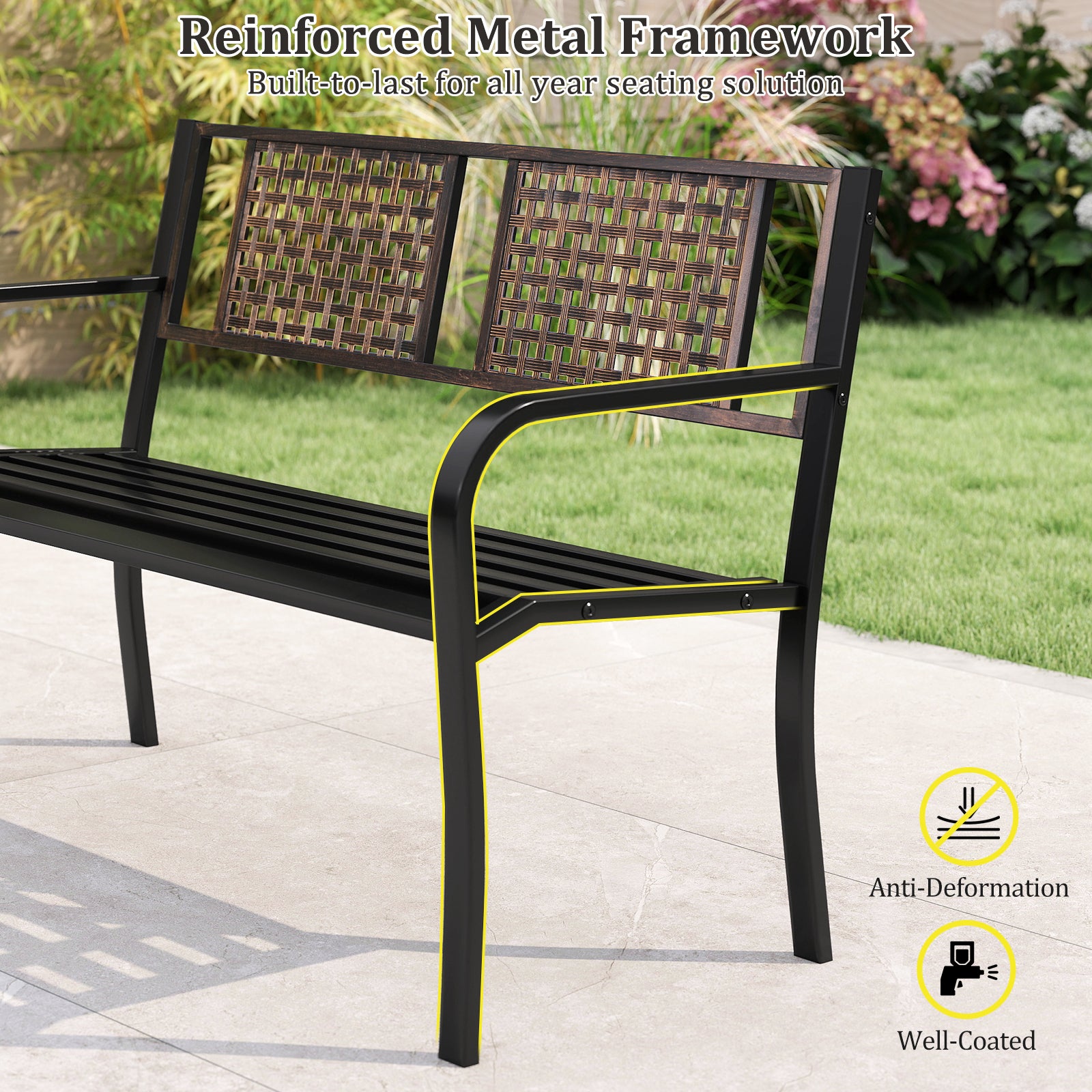 50 Inch Outdoor Metal Garden Bench with Rattan-Like Backrest for 2-3 People, Black Outdoor Benches at Gallery Canada