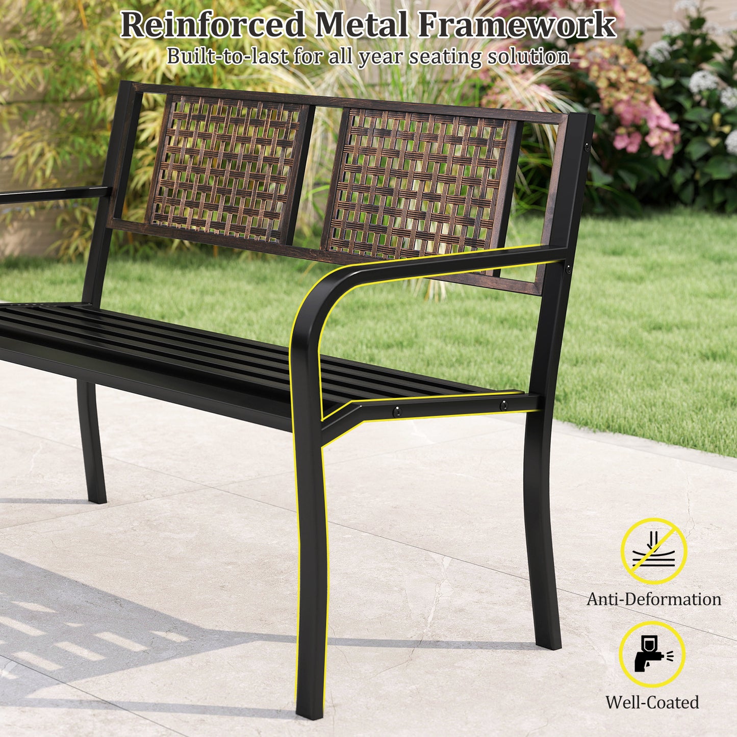 50 Inch Outdoor Metal Garden Bench with Rattan-Like Backrest for 2-3 People, Black Outdoor Benches at Gallery Canada