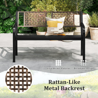 50 Inch Outdoor Metal Garden Bench with Rattan-Like Backrest for 2-3 People, Black Outdoor Benches at Gallery Canada