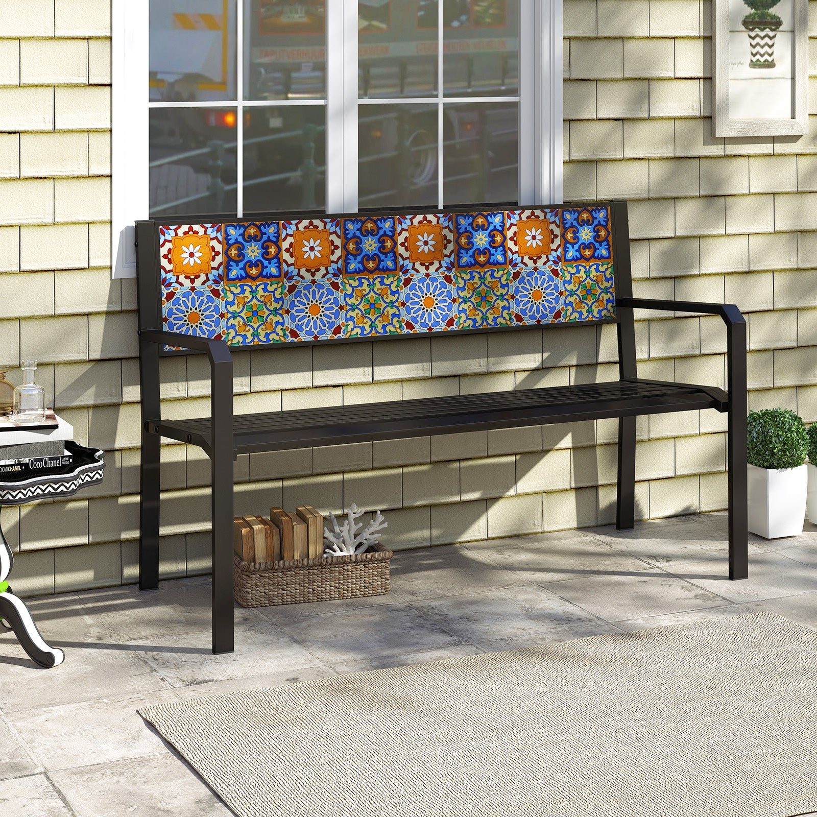 50 Inch Patio Metal Bench Slatted Loveseat for 2-3 People with Mosaic Backrest, Black Outdoor Benches at Gallery Canada