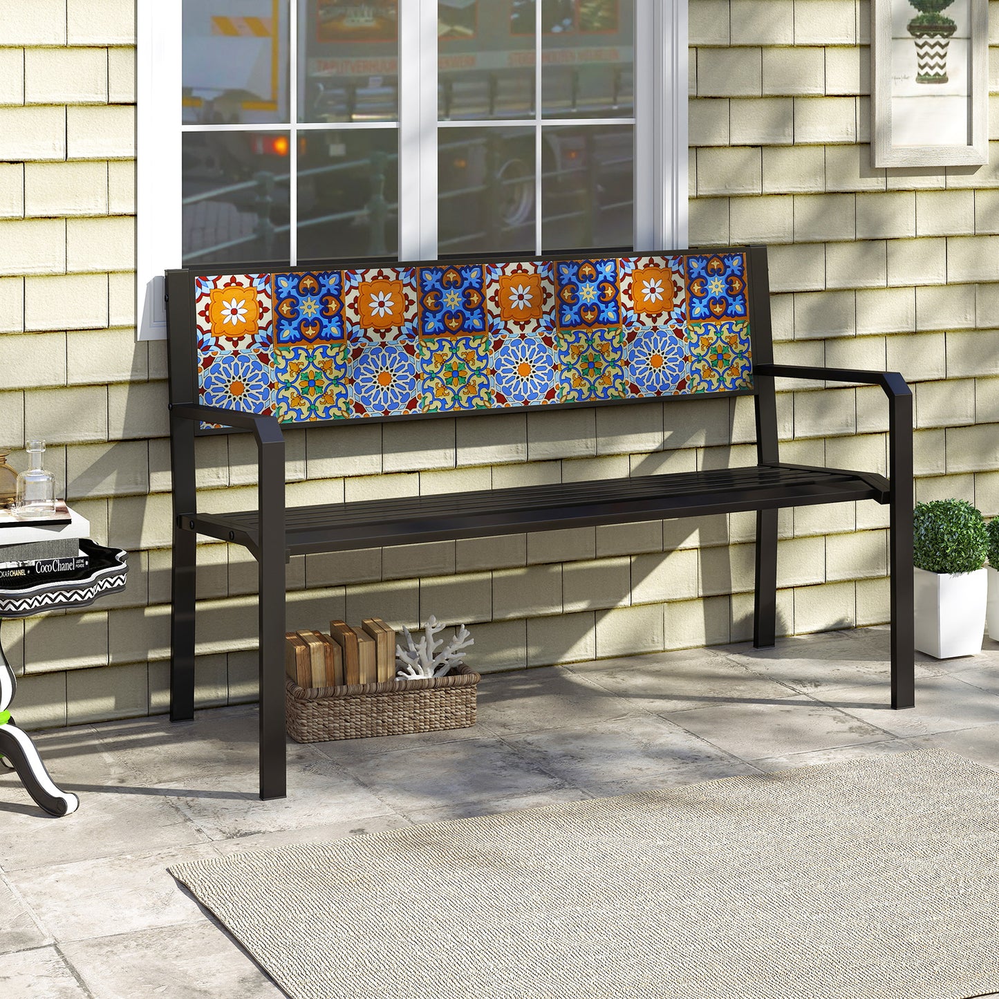 50 Inch Patio Metal Bench Slatted Loveseat for 2-3 People with Mosaic Backrest, Black Outdoor Benches at Gallery Canada