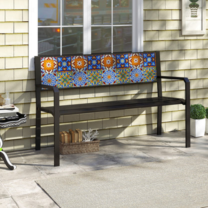 50 Inch Patio Metal Bench Slatted Loveseat for 2-3 People with Mosaic Backrest, Black Outdoor Benches at Gallery Canada
