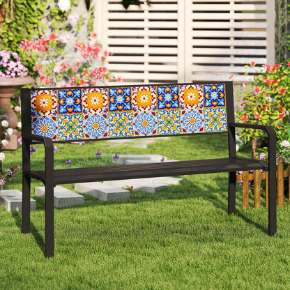 50 Inch Patio Metal Bench Slatted Loveseat for 2-3 People with Mosaic Backrest, Black Outdoor Benches at Gallery Canada