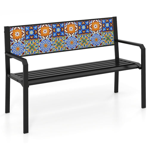 50 Inch Patio Metal Bench Slatted Loveseat for 2-3 People with Mosaic Backrest, Black