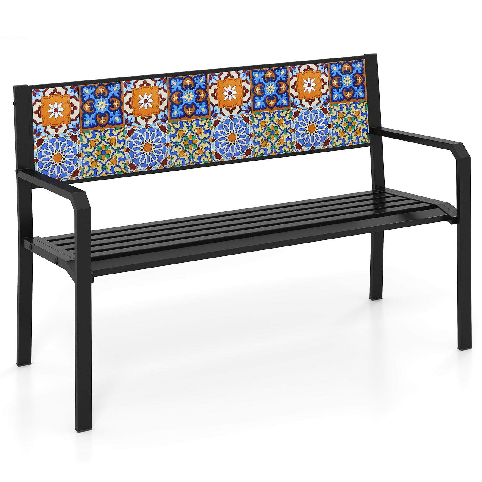 50 Inch Patio Metal Bench Slatted Loveseat for 2-3 People with Mosaic Backrest, Black Outdoor Benches at Gallery Canada