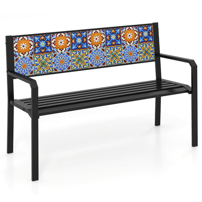 50 Inch Patio Metal Bench Slatted Loveseat for 2-3 People with Mosaic Backrest, Black Outdoor Benches at Gallery Canada