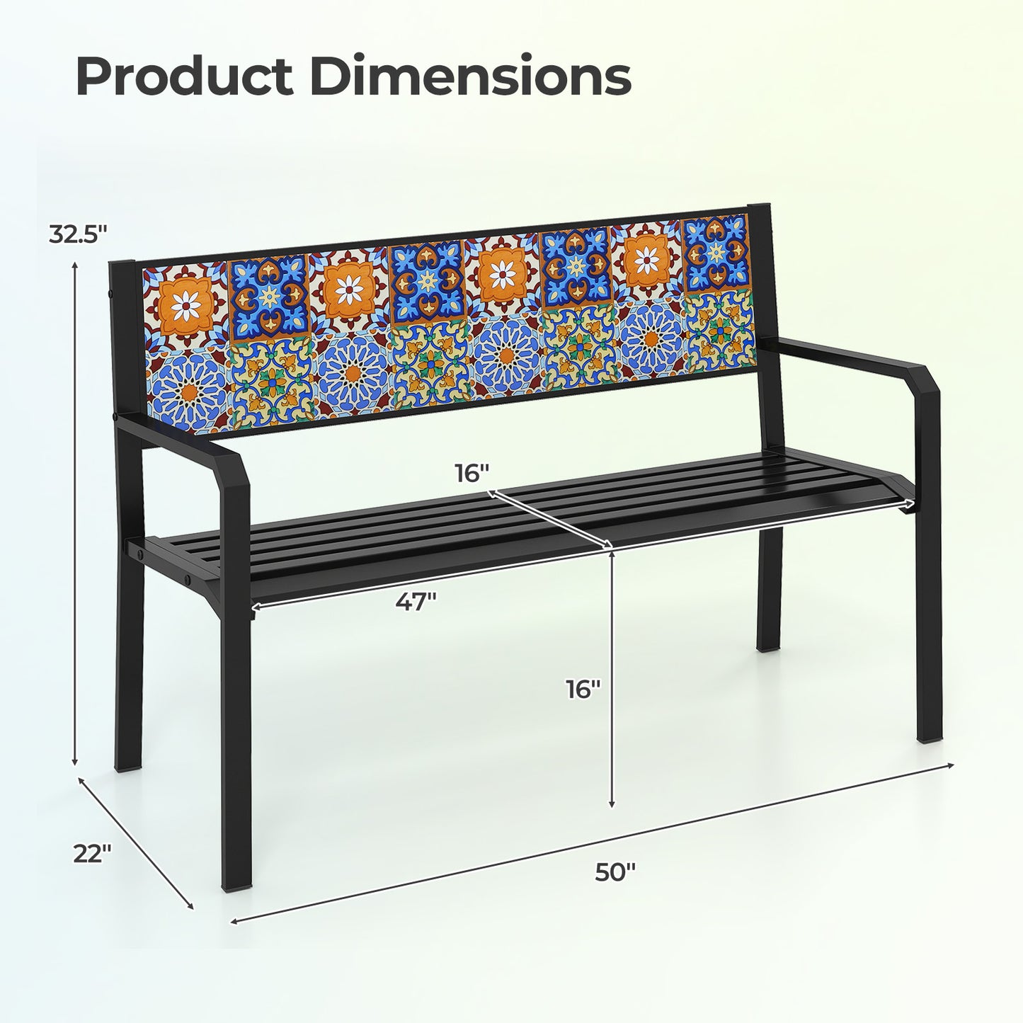 50 Inch Patio Metal Bench Slatted Loveseat for 2-3 People with Mosaic Backrest, Black Outdoor Benches at Gallery Canada