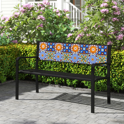 50 Inch Patio Metal Bench Slatted Loveseat for 2-3 People with Mosaic Backrest, Black Outdoor Benches at Gallery Canada