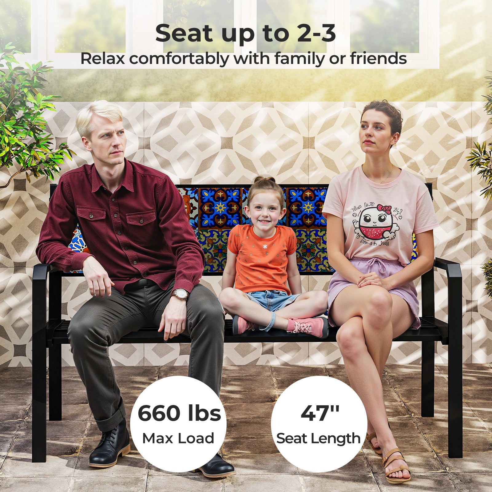 50 Inch Patio Metal Bench Slatted Loveseat for 2-3 People with Mosaic Backrest, Black Outdoor Benches at Gallery Canada