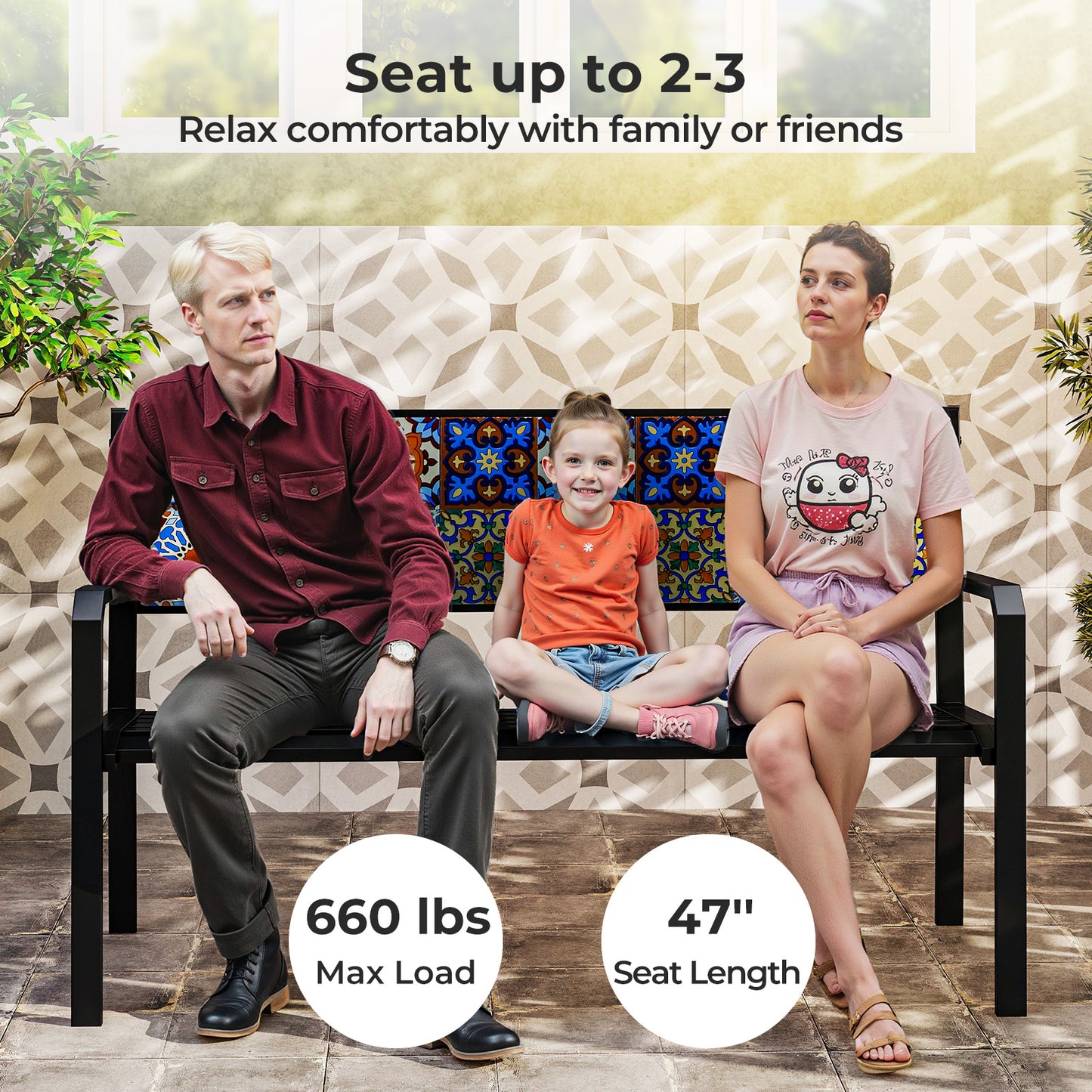 50 Inch Patio Metal Bench Slatted Loveseat for 2-3 People with Mosaic Backrest, Black Outdoor Benches at Gallery Canada