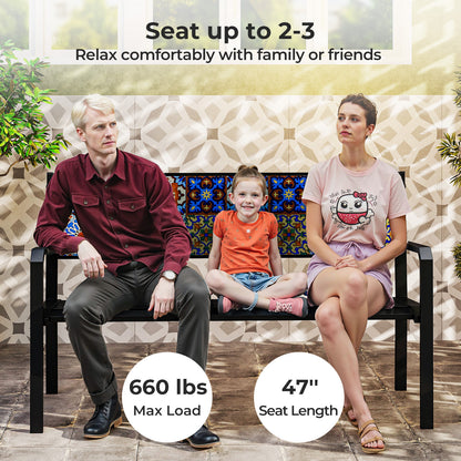 50 Inch Patio Metal Bench Slatted Loveseat for 2-3 People with Mosaic Backrest, Black Outdoor Benches at Gallery Canada