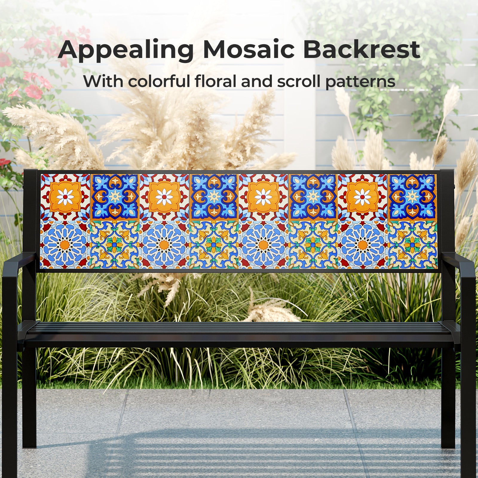 50 Inch Patio Metal Bench Slatted Loveseat for 2-3 People with Mosaic Backrest, Black Outdoor Benches at Gallery Canada