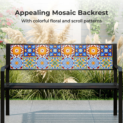 50 Inch Patio Metal Bench Slatted Loveseat for 2-3 People with Mosaic Backrest, Black Outdoor Benches at Gallery Canada