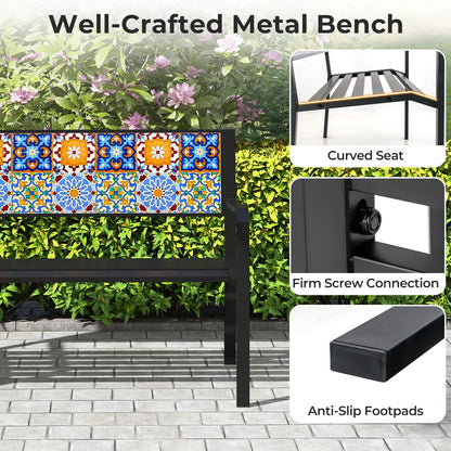 50 Inch Patio Metal Bench Slatted Loveseat for 2-3 People with Mosaic Backrest, Black Outdoor Benches at Gallery Canada