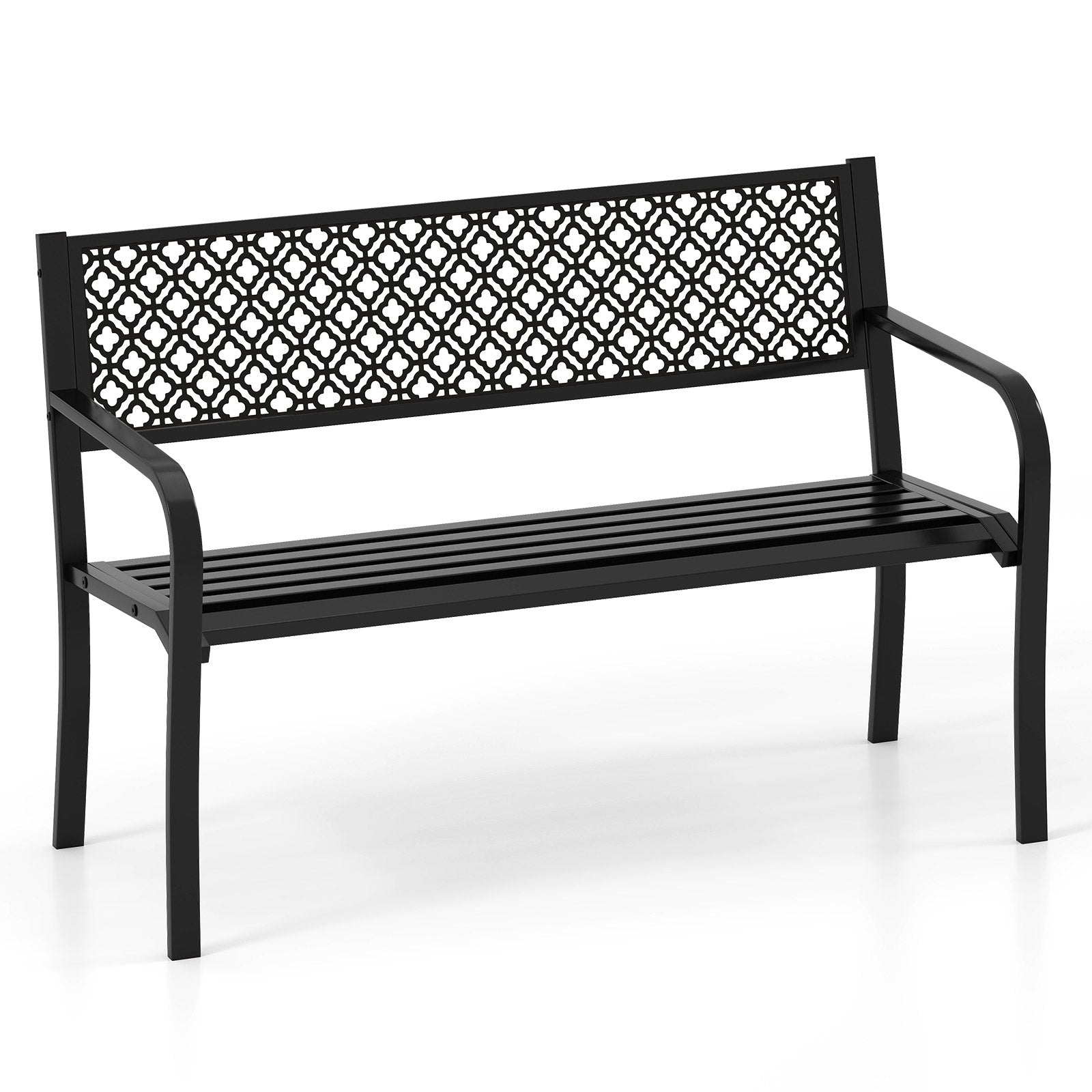 50 Inches Outdoor Garden Bench, Geometric Lattice Backrest, Slatted Seat, Black Outdoor Benches Black at Gallery Canada