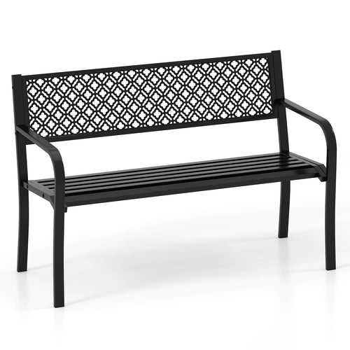 50 Inches Outdoor Garden Bench, Geometric Lattice Backrest, Slatted Seat, Black