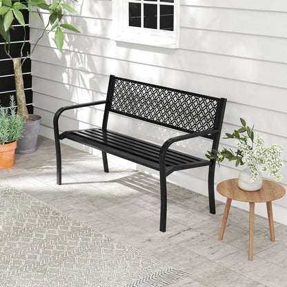 50 Inches Outdoor Garden Bench with Geometric Lattice Backrest and Slatted Seat, Black Outdoor Benches at Gallery Canada