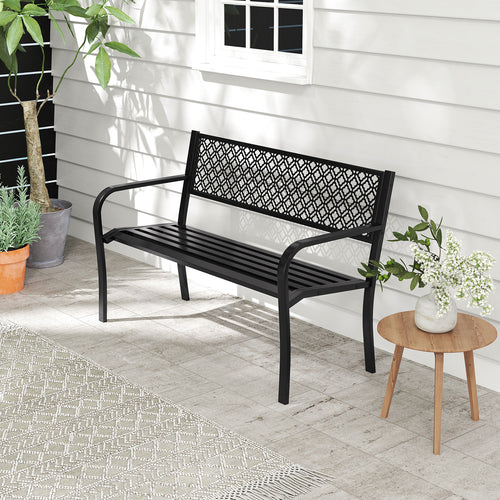 50 Inches Outdoor Garden Bench with Geometric Lattice Backrest and Slatted Seat, Black