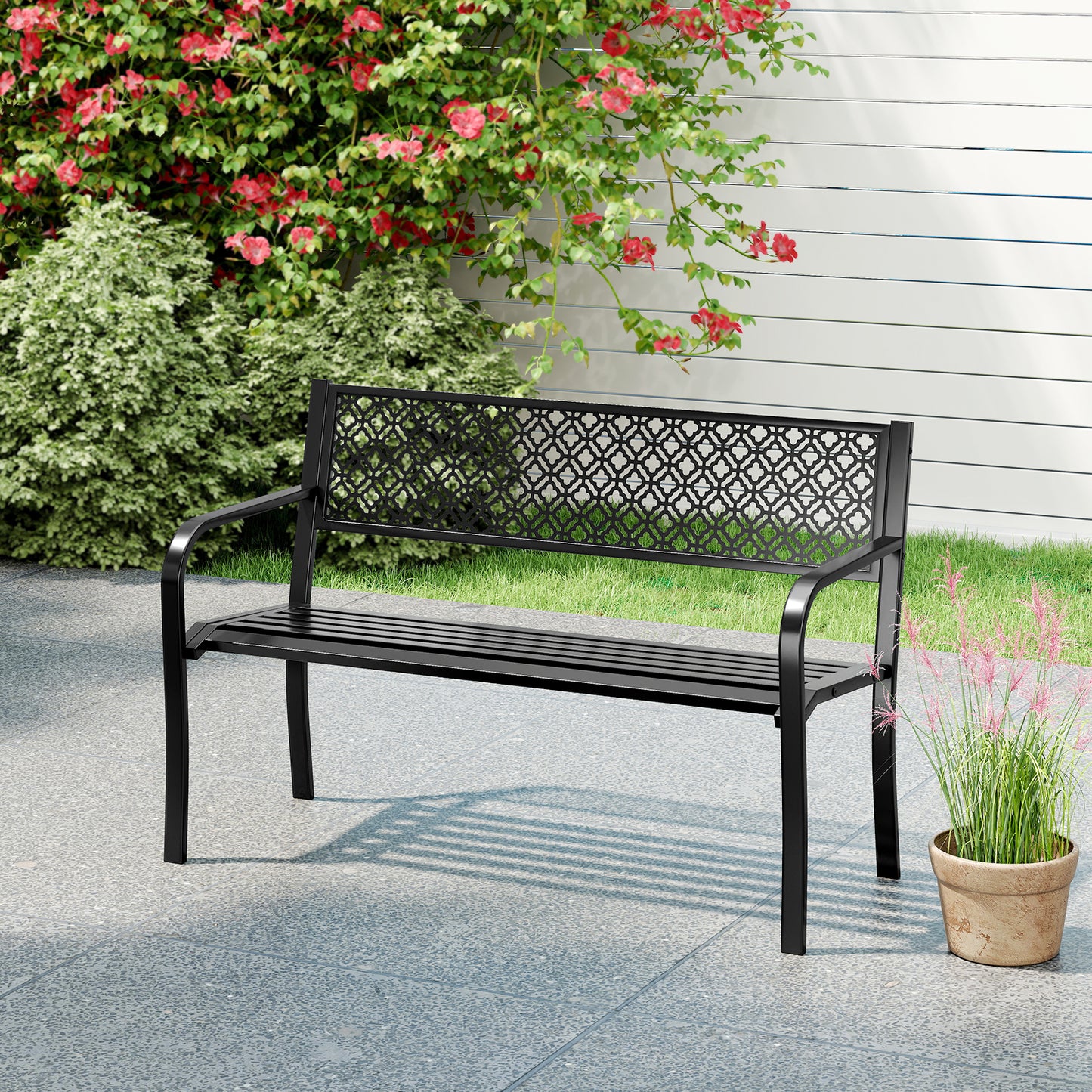 50 Inches Outdoor Garden Bench with Geometric Lattice Backrest and Slatted Seat, Black Outdoor Benches at Gallery Canada