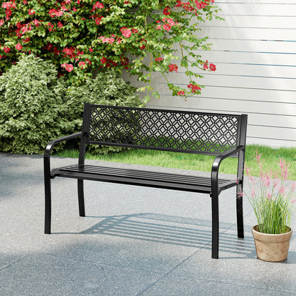 50 Inches Outdoor Garden Bench with Geometric Lattice Backrest and Slatted Seat, Black Outdoor Benches at Gallery Canada