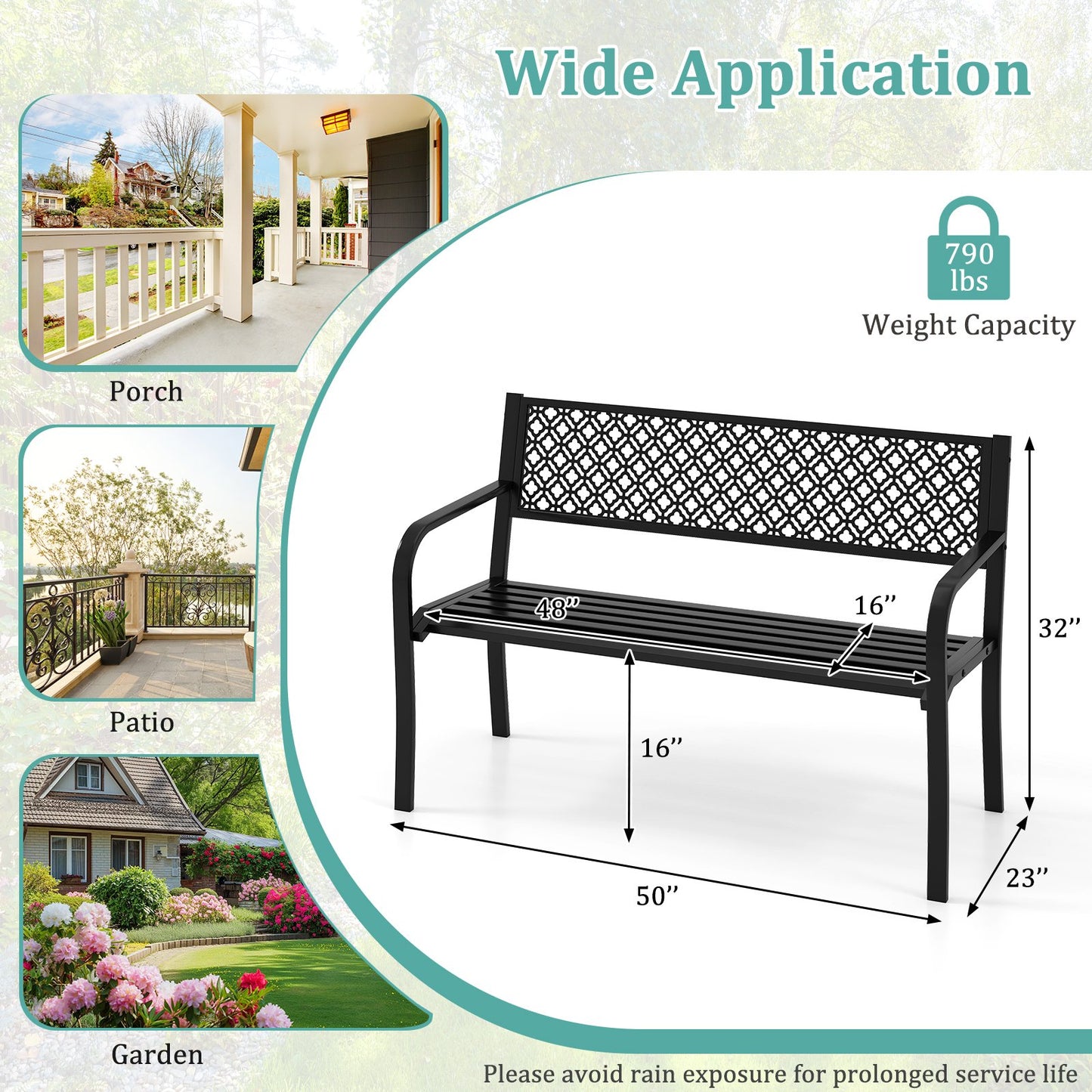 50 Inches Outdoor Garden Bench with Geometric Lattice Backrest and Slatted Seat, Black Outdoor Benches at Gallery Canada