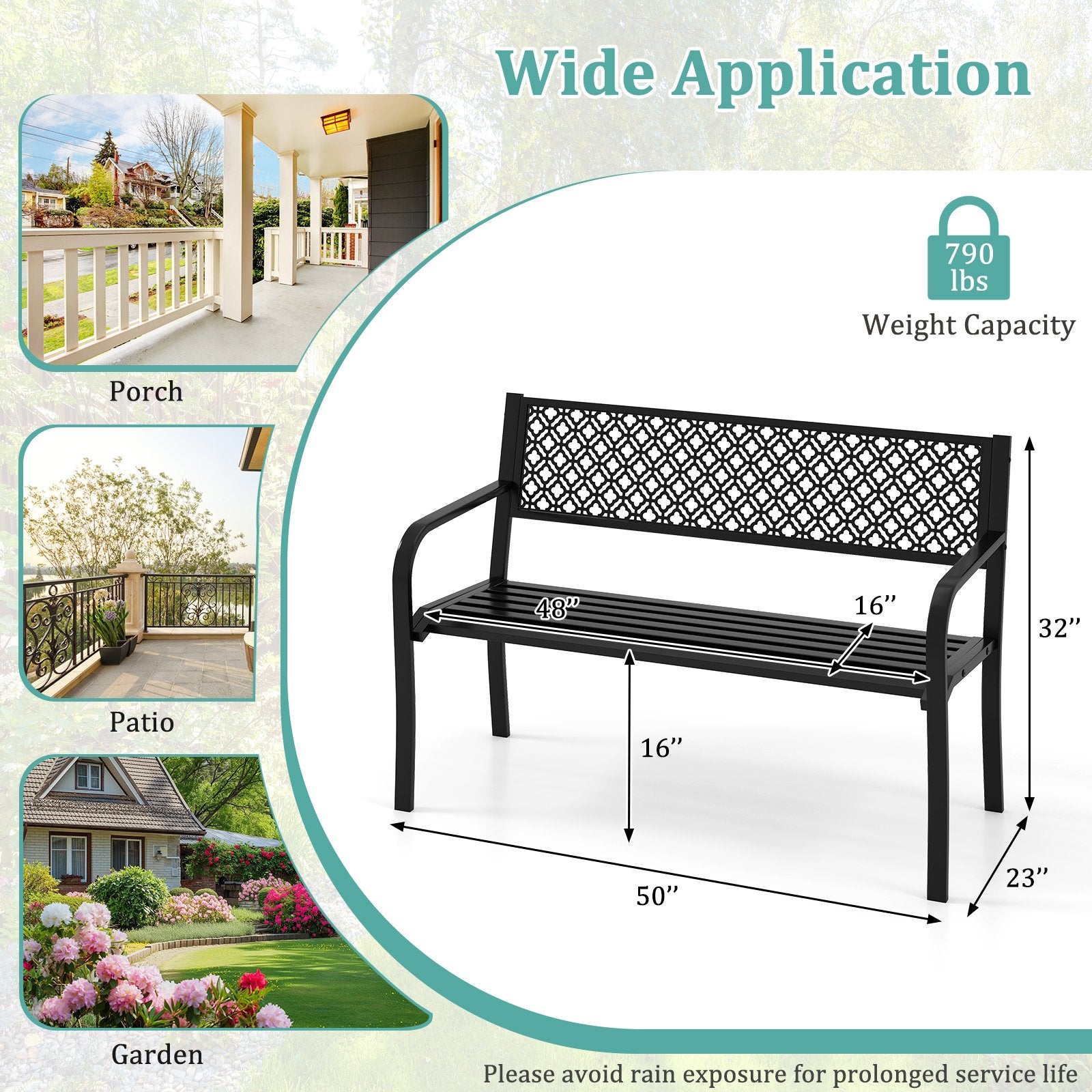 50 Inches Outdoor Garden Bench with Geometric Lattice Backrest and Slatted Seat, Black Outdoor Benches at Gallery Canada