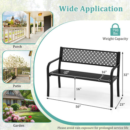 50 Inches Outdoor Garden Bench with Geometric Lattice Backrest and Slatted Seat, Black Outdoor Benches at Gallery Canada