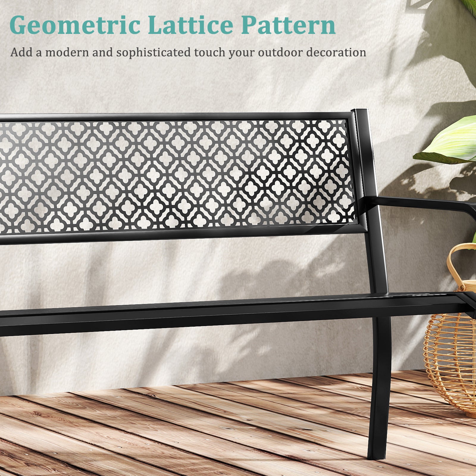 50 Inches Outdoor Garden Bench with Geometric Lattice Backrest and Slatted Seat, Black Outdoor Benches at Gallery Canada