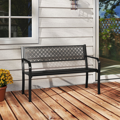 50 Inches Outdoor Garden Bench with Geometric Lattice Backrest and Slatted Seat, Black Outdoor Benches at Gallery Canada