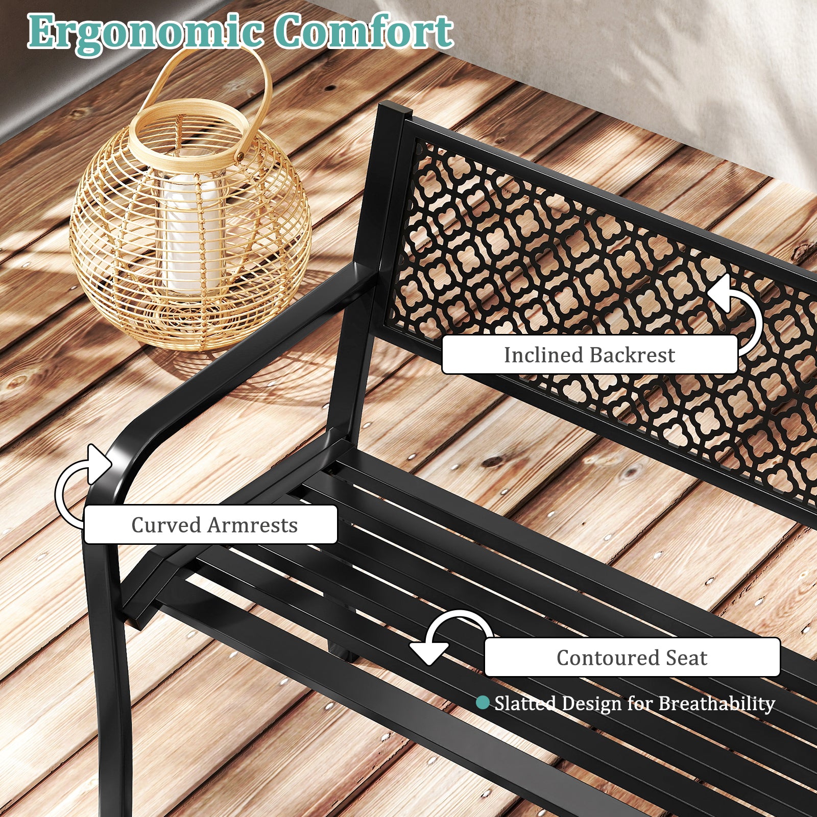 50 Inches Outdoor Garden Bench with Geometric Lattice Backrest and Slatted Seat, Black Outdoor Benches at Gallery Canada