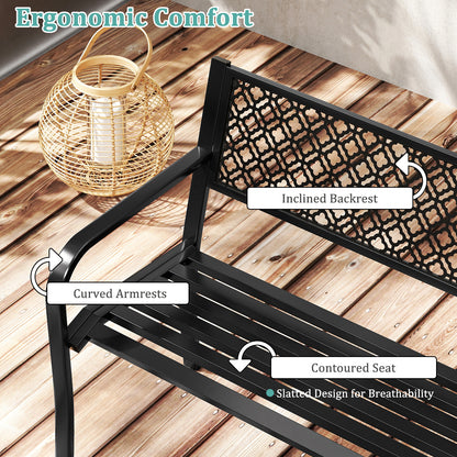 50 Inches Outdoor Garden Bench with Geometric Lattice Backrest and Slatted Seat, Black Outdoor Benches at Gallery Canada