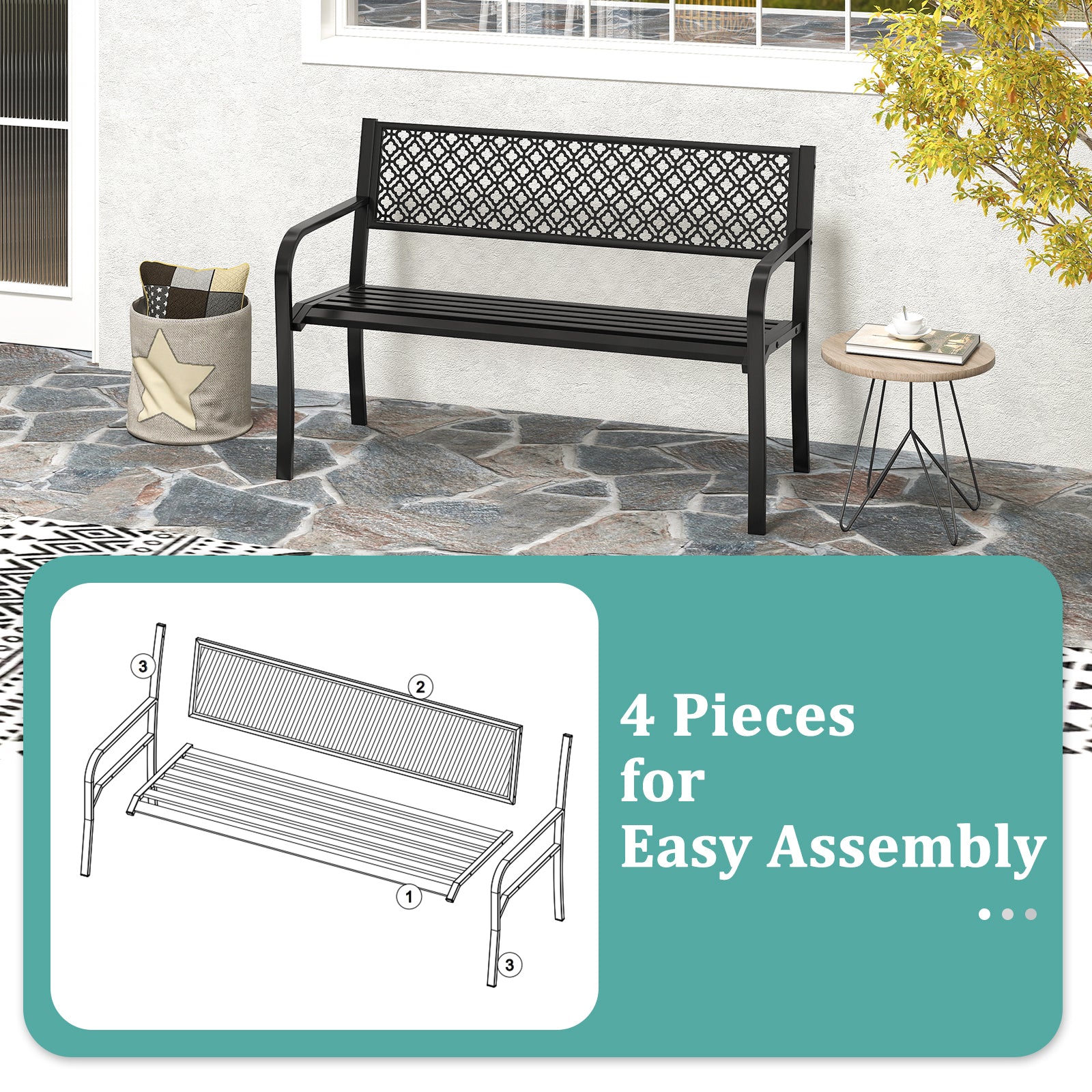 50 Inches Outdoor Garden Bench with Geometric Lattice Backrest and Slatted Seat, Black Outdoor Benches at Gallery Canada