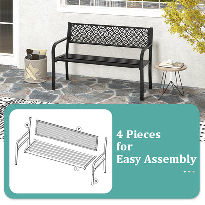 50 Inches Outdoor Garden Bench with Geometric Lattice Backrest and Slatted Seat, Black Outdoor Benches at Gallery Canada