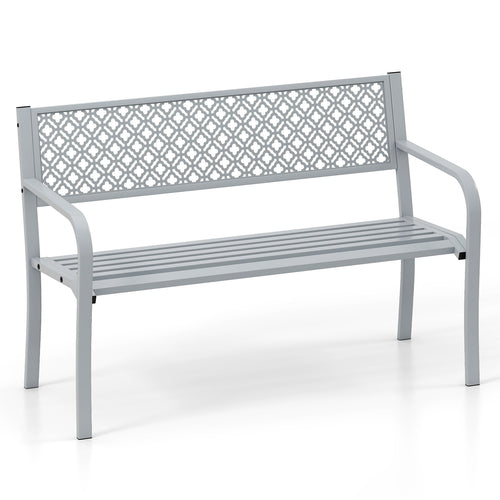 50 Inches Outdoor Garden Bench, Geometric Lattice Backrest, Slatted Seat, Gray