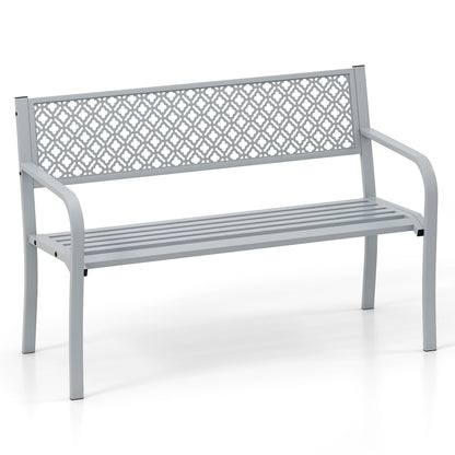 50 Inches Outdoor Garden Bench with Geometric Lattice Backrest and Slatted Seat, Gray Outdoor Benches Gray at Gallery Canada