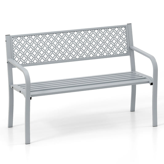 50 Inches Outdoor Garden Bench, Geometric Lattice Backrest, Slatted Seat, Gray Outdoor Benches Gray at Gallery Canada