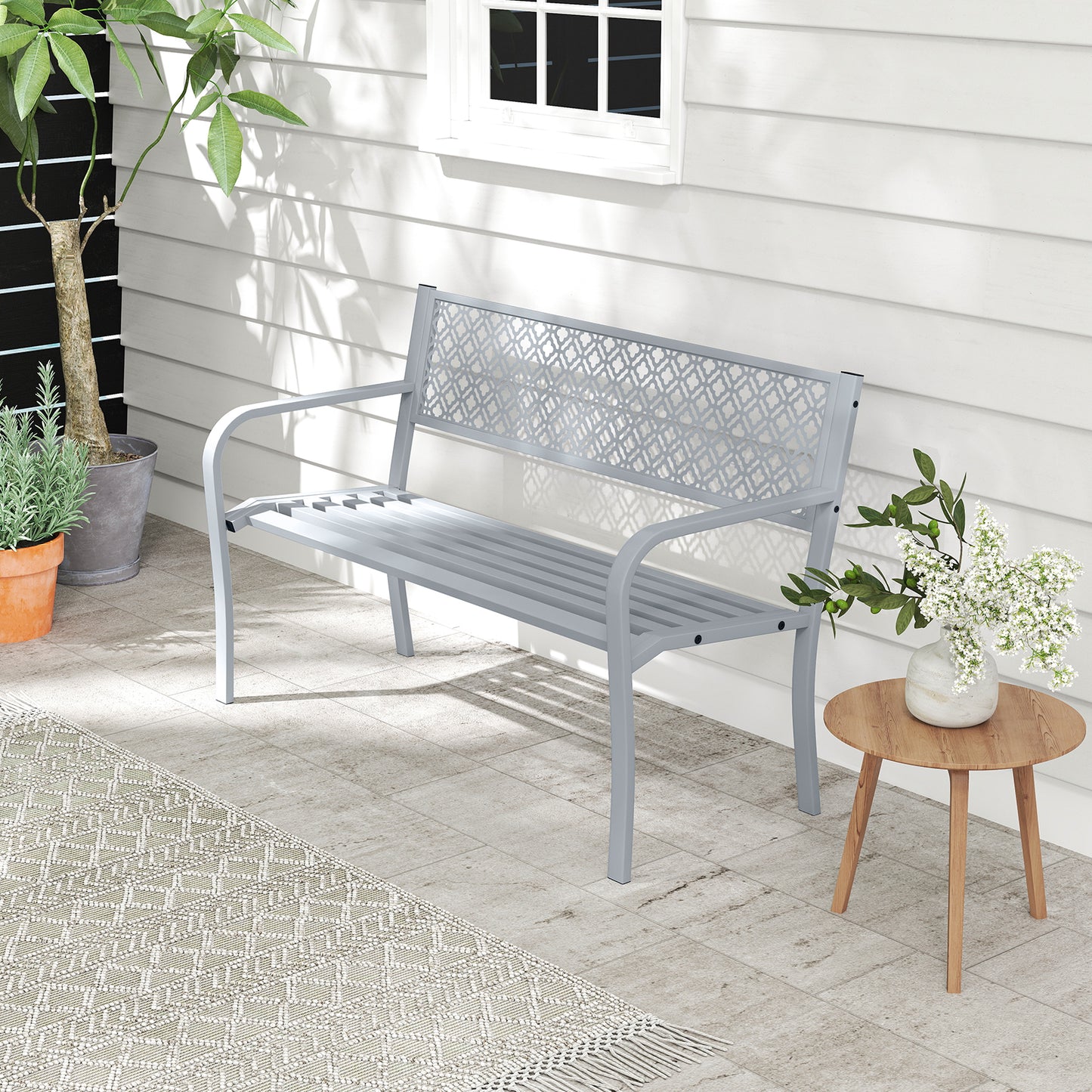 50 Inches Outdoor Garden Bench with Geometric Lattice Backrest and Slatted Seat, Gray Outdoor Benches at Gallery Canada