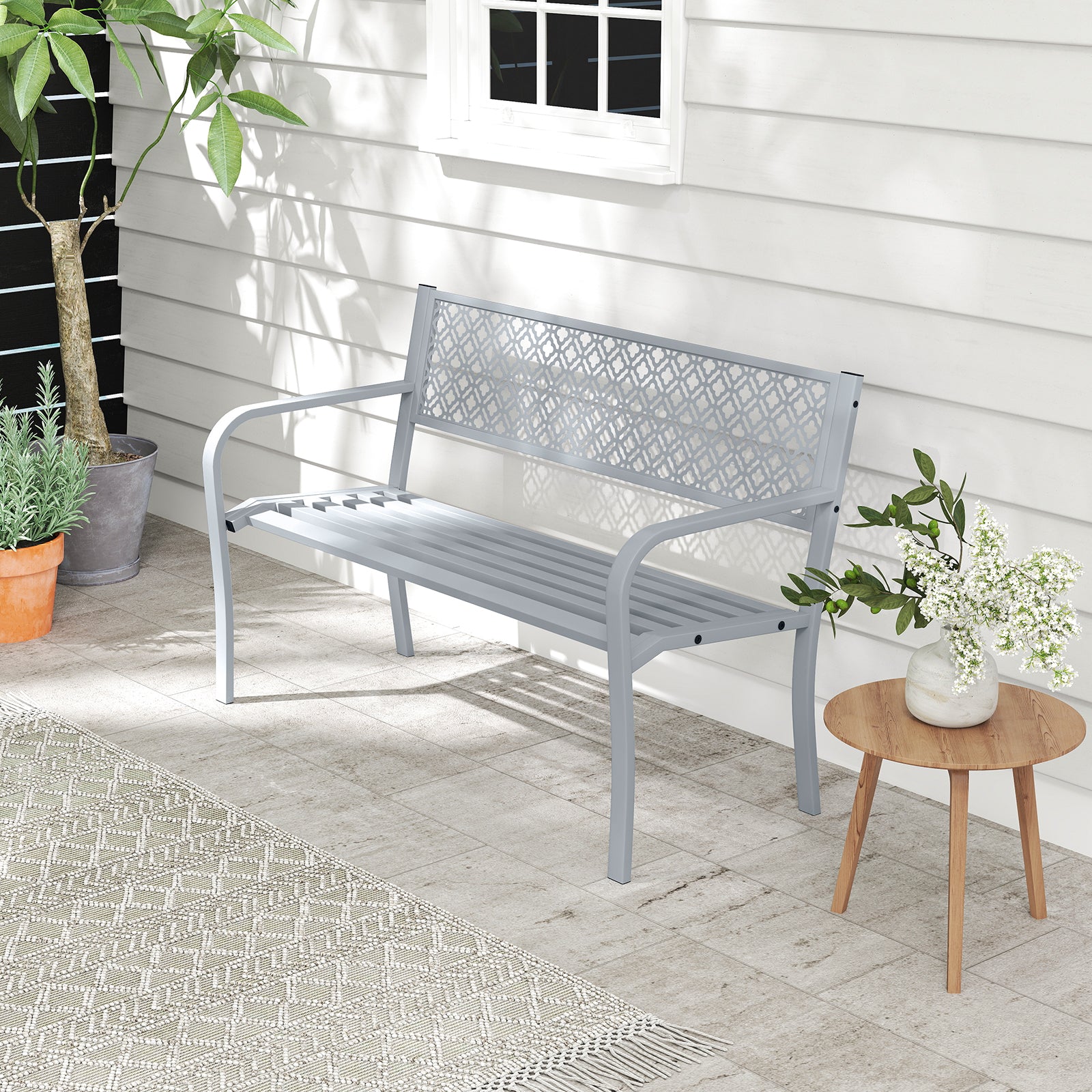 50 Inches Outdoor Garden Bench with Geometric Lattice Backrest and Slatted Seat, Gray Outdoor Benches at Gallery Canada