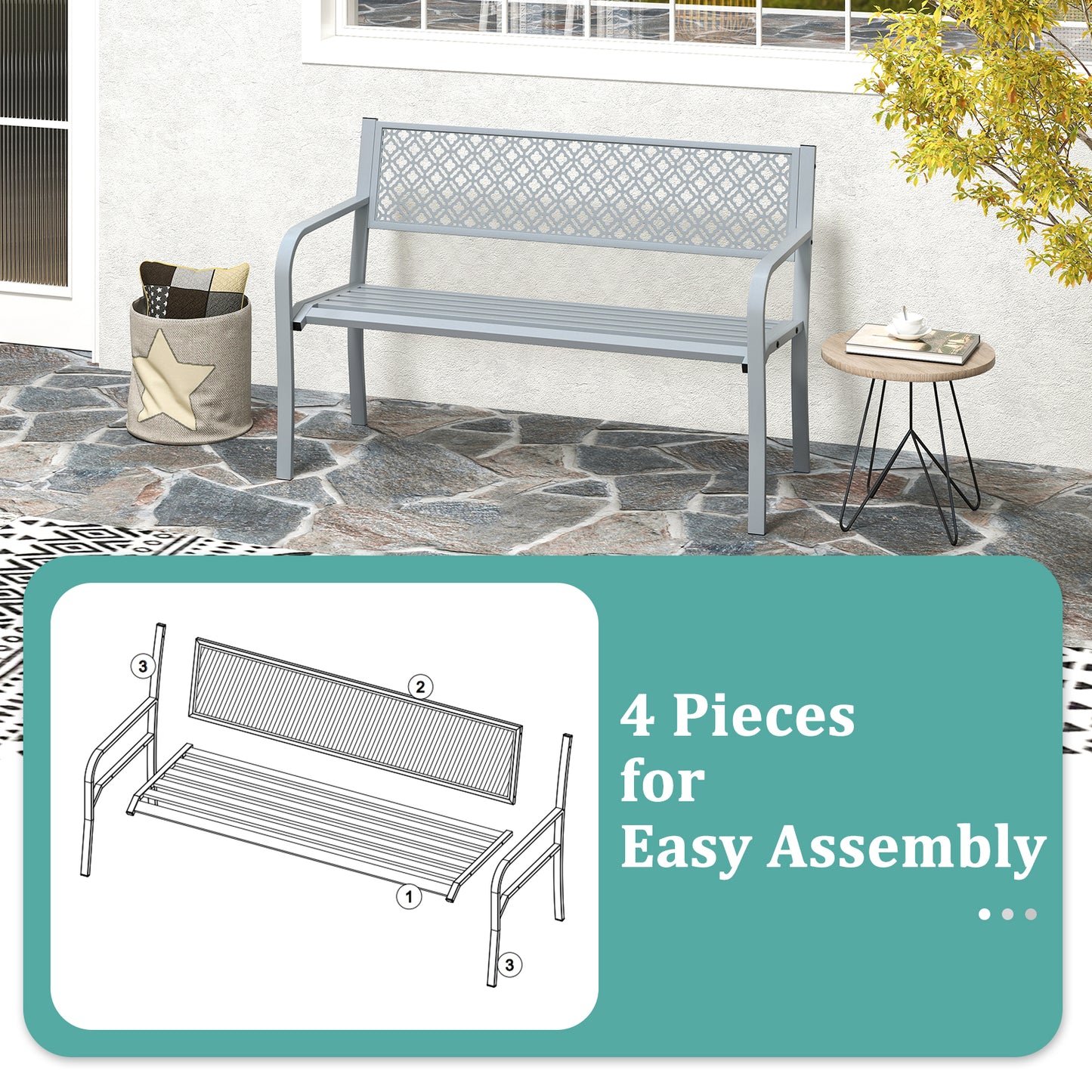 50 Inches Outdoor Garden Bench with Geometric Lattice Backrest and Slatted Seat, Gray Outdoor Benches at Gallery Canada