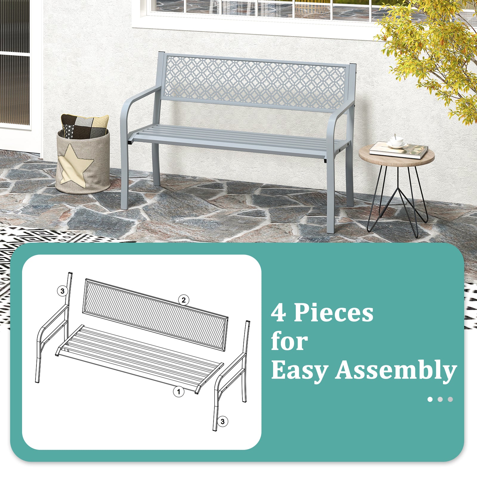 50 Inches Outdoor Garden Bench with Geometric Lattice Backrest and Slatted Seat, Gray Outdoor Benches at Gallery Canada