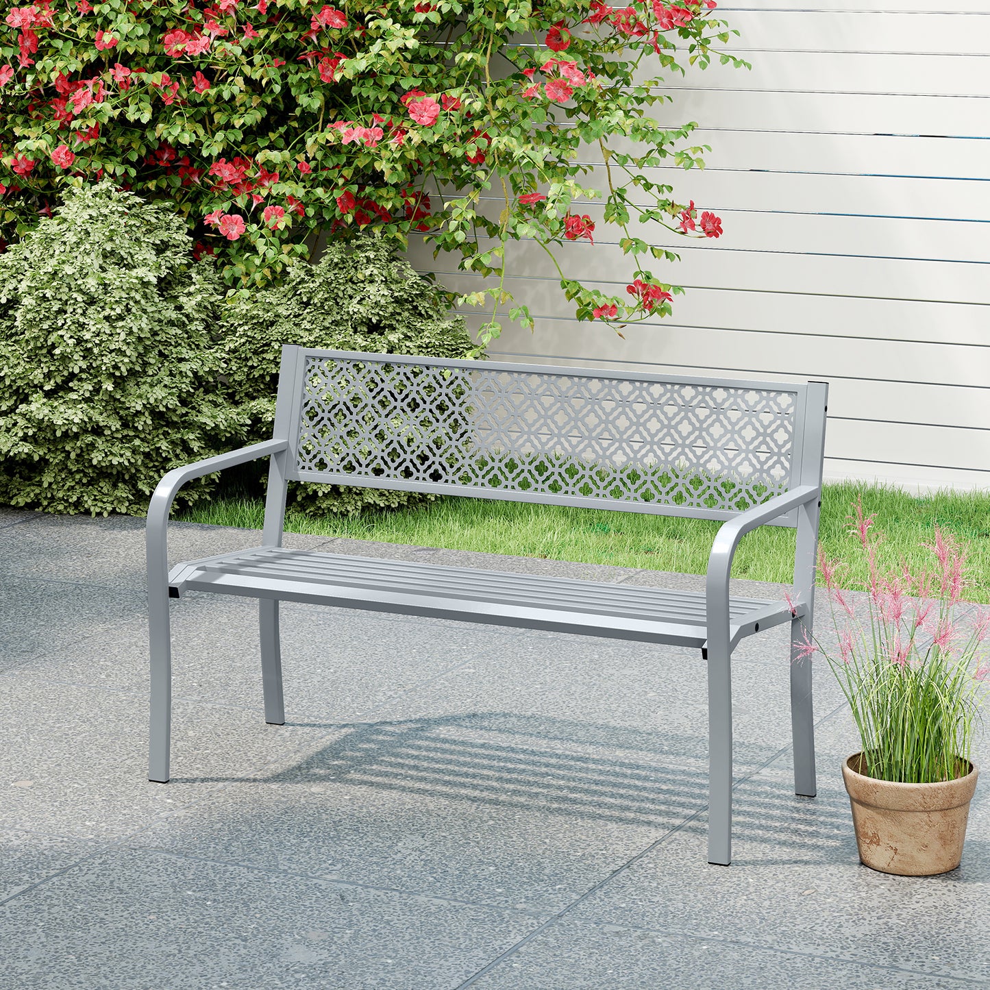 50 Inches Outdoor Garden Bench with Geometric Lattice Backrest and Slatted Seat, Gray Outdoor Benches at Gallery Canada